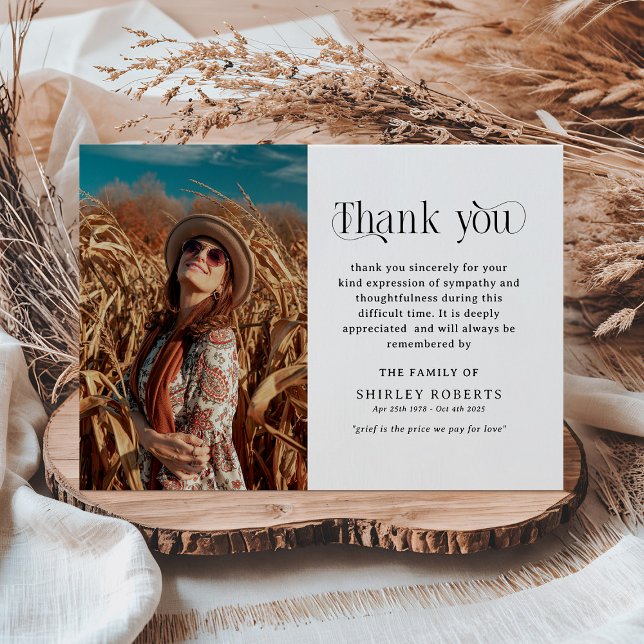 Elegant Portrait Photo Memorial Sympathy Thank You Card (Creator Uploaded)