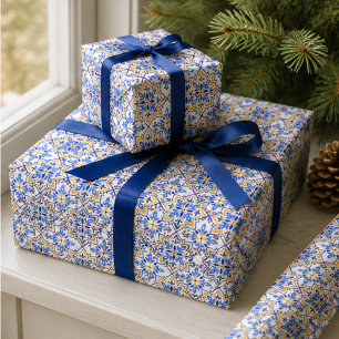 Elegant Portuguese Blue and Gold Mediterranean Wrapping Paper
