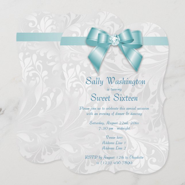 Elegant Posh Diamond Bow & Damask Sweet 16 Invitation (Front/Back)