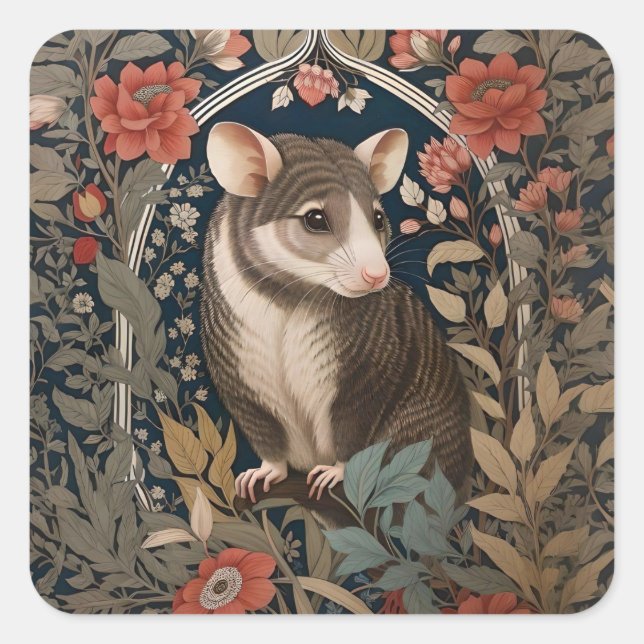 Elegant Possum William Morris Inspired Floral Square Sticker (Front)