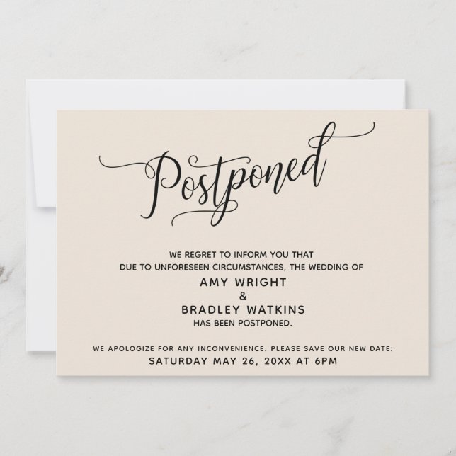 Elegant Postponed Wedding Cream Announcement (Front)