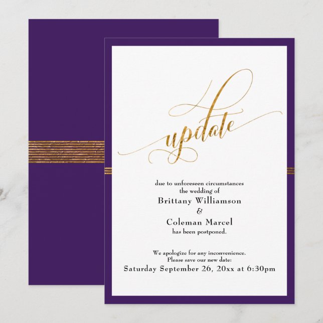 Elegant Postponed Wedding Purple Gold Stripe Card (Front/Back)