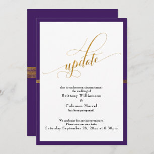 Elegant Postponed Wedding Purple Gold Stripe Card