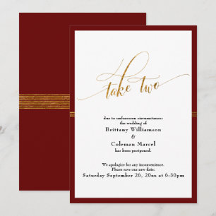 Elegant Postponed Wedding Red & Gold Stripe Card