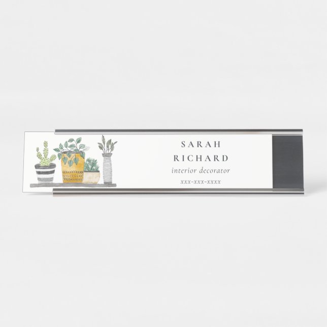 Elegant Potted House Plants Watercolor Botanical  Desk Name Plate (Front)