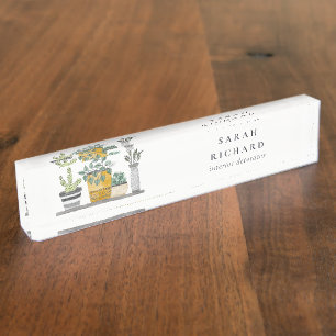 Elegant Potted House Plants Watercolor Botanical Nameplate