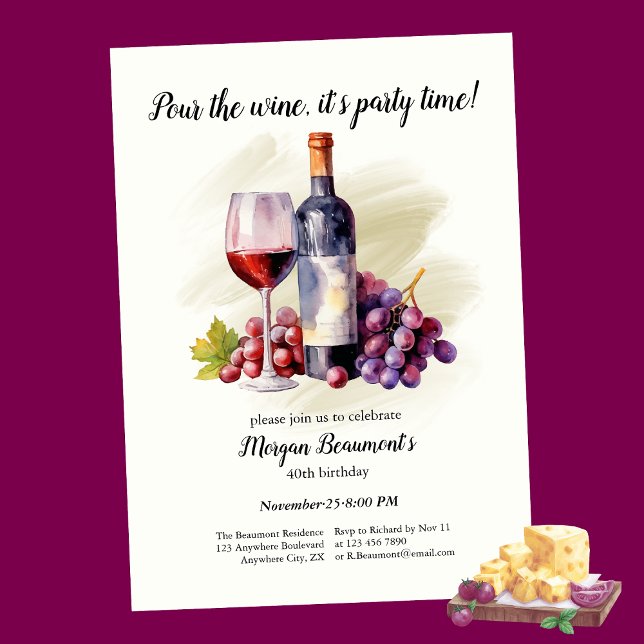 Elegant Pour The Wine Themed 40th Birthday Party Invitation (Creator Uploaded)