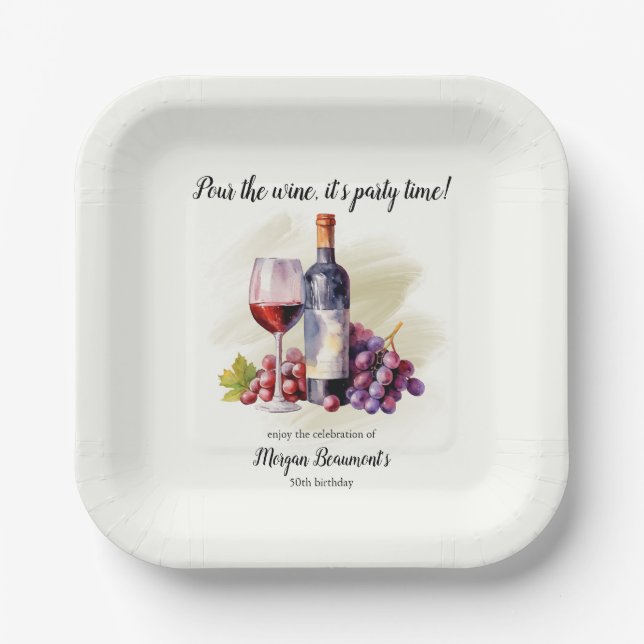 Elegant Pour The Wine Themed 50th Birthday Party Paper Plate (Front)