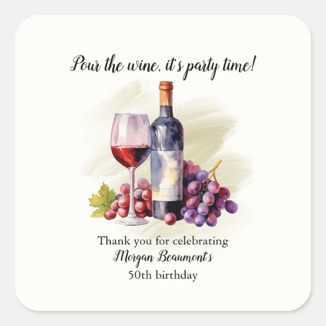 Elegant Pour The Wine Themed 50th Birthday Party Square Sticker (Front)