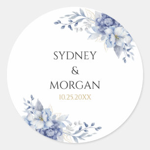Elegant Powder Blue & Floral Design Wedding Classic Round Sticker