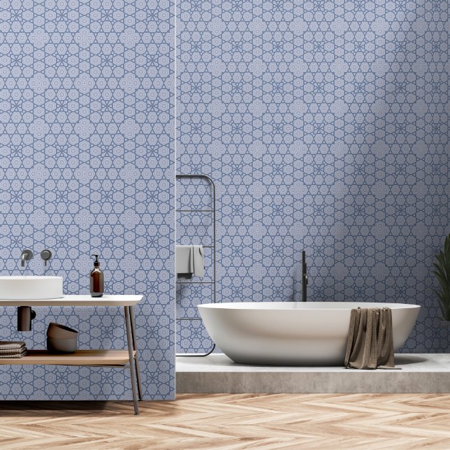 Elegant Powder Blue Geometric Floral Pattern  Wallpaper (Bathroom)