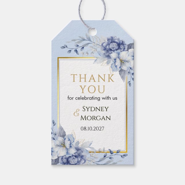 Elegant Powder Blue & Gold Floral Wedding Gift Tags (Front)