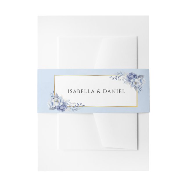 Elegant Powder Blue & Gold Floral  Wedding  Invitation Belly Band (Front Example)