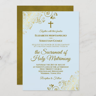 Elegant Powder Blue & Gold Modern Catholic Wedding Invitation