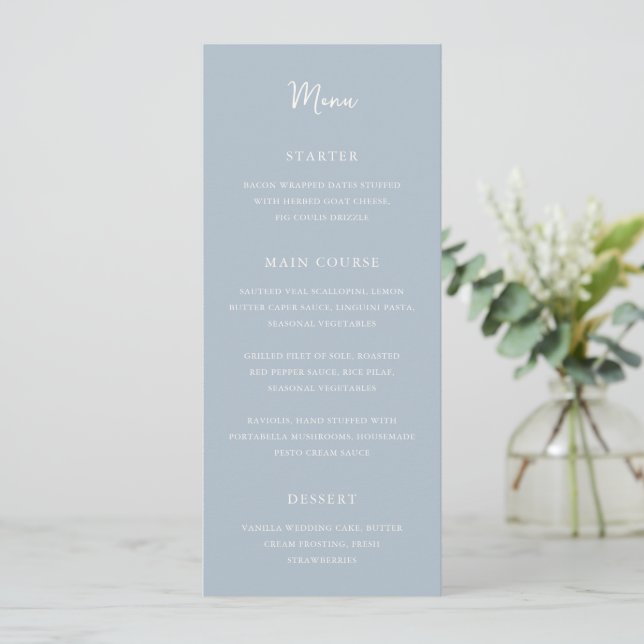 Elegant Powder Blue Modern Wedding Menu (Standing Front)