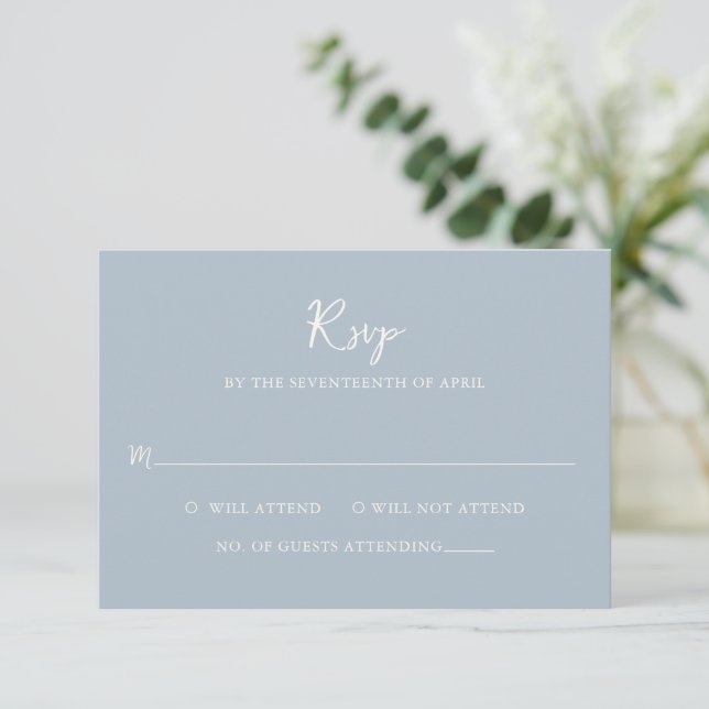 Elegant Powder Blue Modern Wedding RSVP Card (Standing Front)