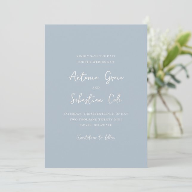 Elegant Powder Blue Modern Wedding Save The Date (Standing Front)