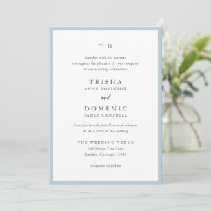 Elegant Powder Blue Monogram Modern Wedding Invitation