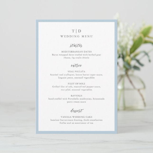 Elegant Powder Blue Monogram Modern Wedding Menu (Standing Front)