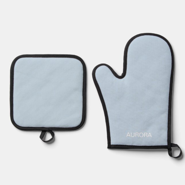 Elegant Powder Blue Personalised Name -  Oven Mitt & Pot Holder Set (Front)