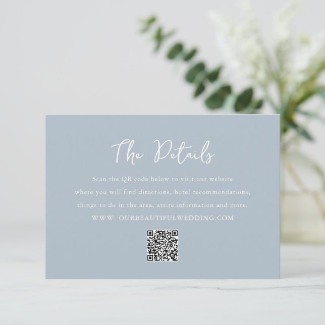 Elegant Powder Blue QR Code Modern Wedding Enclosure Card (Standing Front)