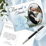 Elegant Powder Blue Rose Wedding Love & Thanks Postcard<br><div class="desc">This beautiful postcard is a simple yet thoughtful way to thank your wedding guests. It features a lovely design with your wedding photo in an oval shaped frame, and a single long stemmed dusty powder blue coloured rose reflecting in a pool of water. The caption reads "Love and Thanks" and...</div>