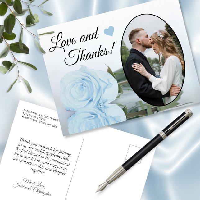 Elegant Powder Blue Rose Wedding Love & Thanks Postcard (Creator Uploaded)