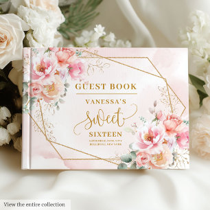 Elegant Powder Pink Sage Gold Floral Sweet Sixteen Guest Book