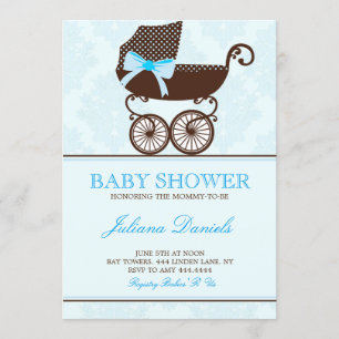 Elegant Pram Boy Baby Shower Invitations