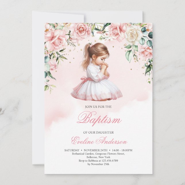 Elegant praying little girl watercolor blush roses invitation (Front)