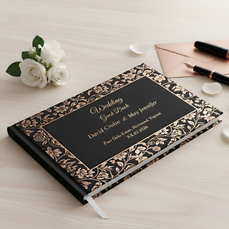 Elegant Premium Black Floral Rose Gold Wedding  Guest Book