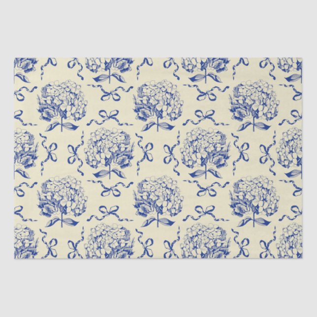 Elegant Preppy Blue Toile Hydrangea Bow Pattern Tissue Paper (Front)