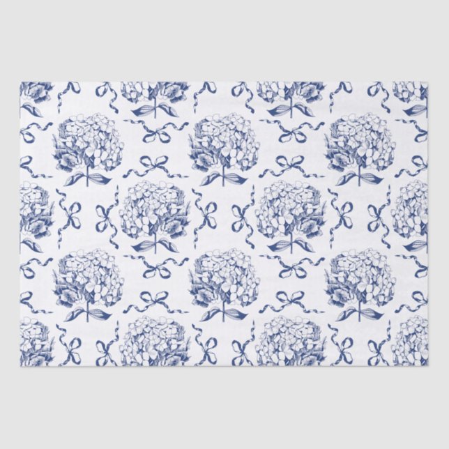 Elegant Preppy Blue White Hydrangea Bow Pattern Tissue Paper (Front)