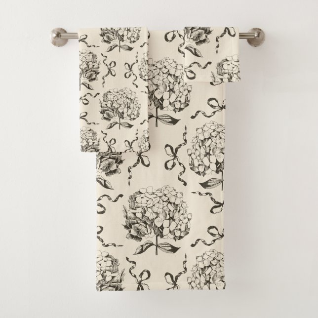 Elegant Preppy Hydrangea Bow Beige Toile Pattern Bath Towel Set (Insitu)