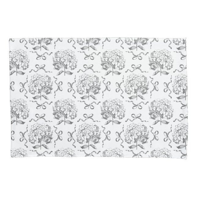 Elegant Preppy Hydrangea Bow Grey Toile Pattern Pillowcase (Front)