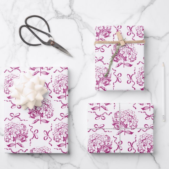 Elegant Preppy Hydrangea Bow Pink Toile Pattern Wrapping Paper Sheet (Front)