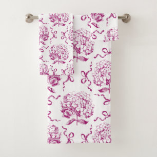 Elegant Preppy Pink Hydrangea Bow Toile Pattern Bath Towel Set