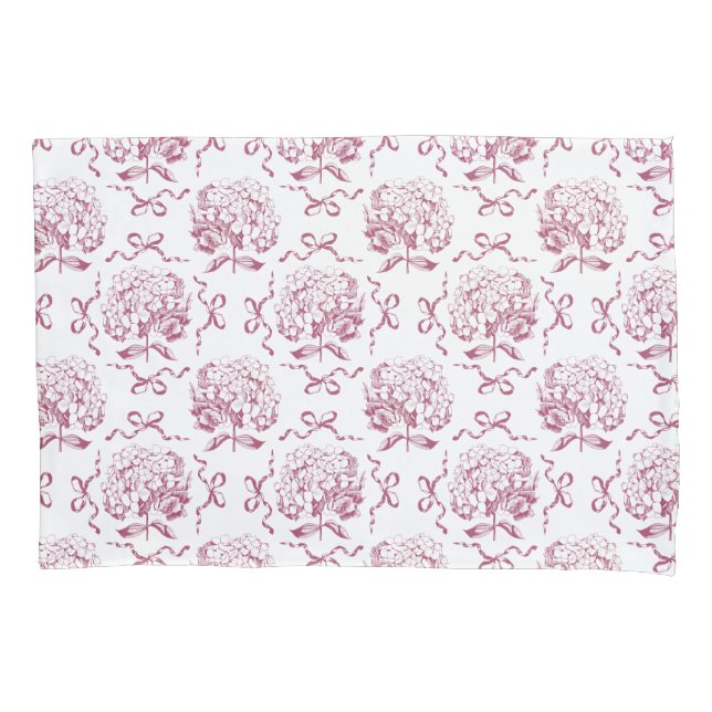 Elegant Preppy Pink Hydrangea Bow Toile Pattern Pillowcase (Front)