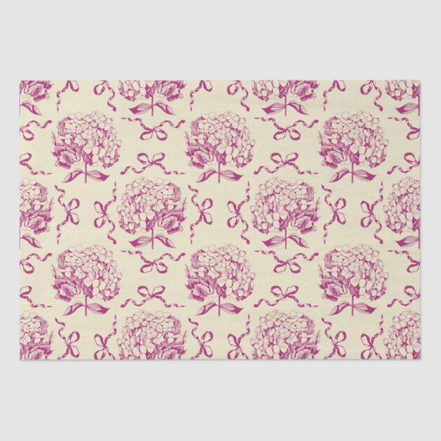 Elegant Preppy Pink Hydrangea Bow Toile Pattern Tissue Paper (Front)