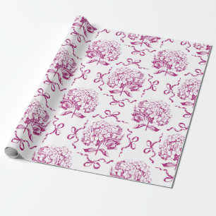 Elegant Preppy Pink Hydrangea Bow Toile Pattern Wrapping Paper