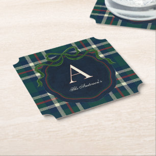 Elegant Preppy Plaid Monogram Christmas Paper Coaster