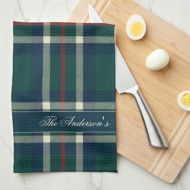 Elegant Preppy Plaid Monogram Christmas Tea Towel (Quarter Fold)