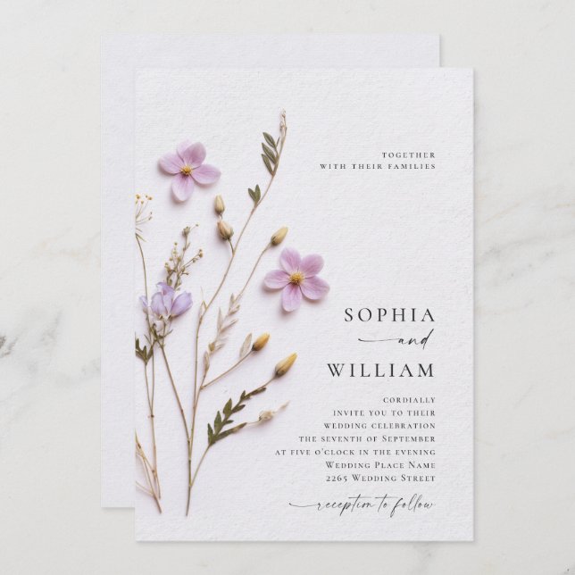 Elegant Pressed Dry Pastel Boho Flowers Wedding Invitation (Front/Back)