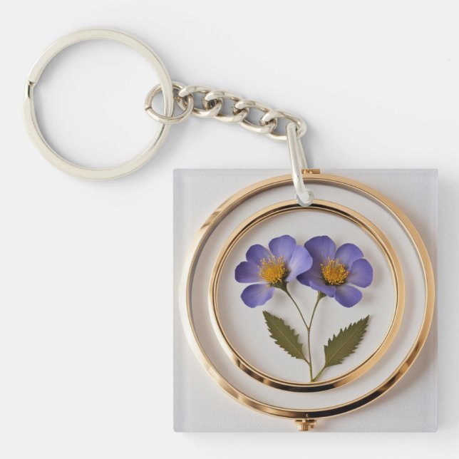 Elegant Pressed Flower Keychain with Gold Rim (Front)