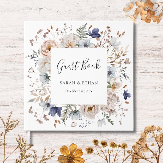 Elegant Pretty Beige Blue Flowers Floral Wedding Guest Book (In situ)