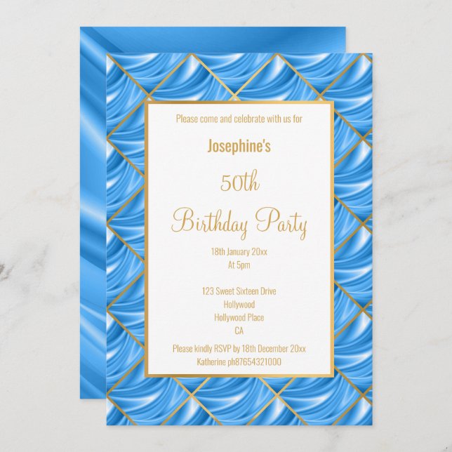 ELEGANT PRETTY BLUE SATIN GOLD BIRTHDAY INVITATION (Front/Back)