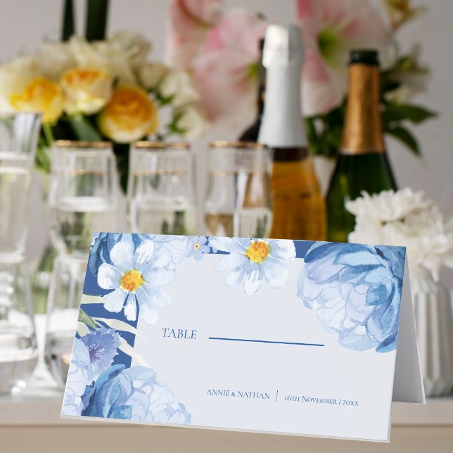 Elegant Pretty Blue White Floral Trendy Wedding  Place Card (Elegant Pretty Blue White Floral Trendy Wedding Place Card)