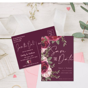 Elegant Pretty Burgundy Peach Floral Wedding  Announcement Postcard