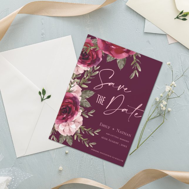Elegant Pretty Burgundy Peach Floral Wedding Save  Save The Date (Creator Uploaded)
