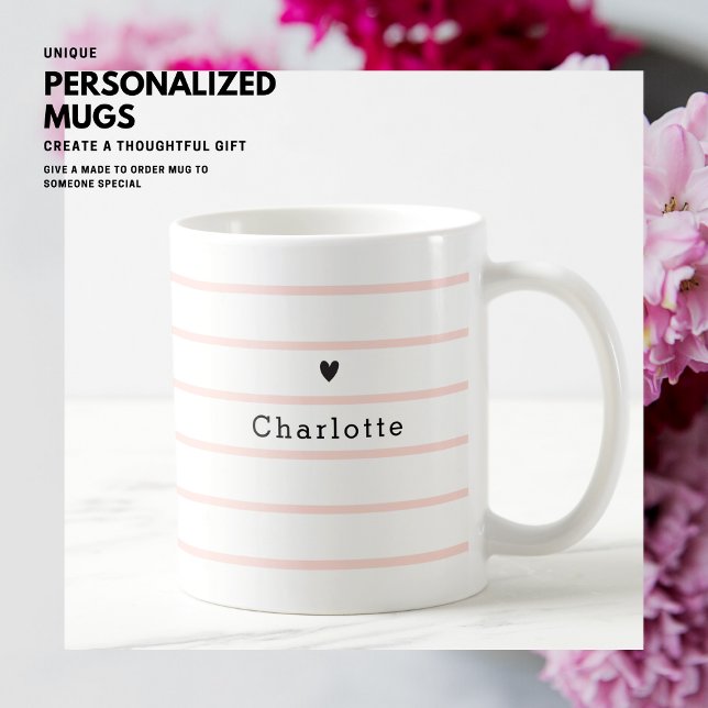 Elegant Pretty Chic Blush Pink Stripe Heart Name Coffee Mug (Creator Uploaded)